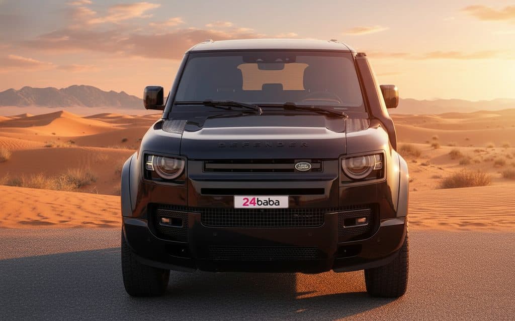 LandRover Defender 2024 Black front view with headlights LandRover Defender 2024 Black front view with headlights