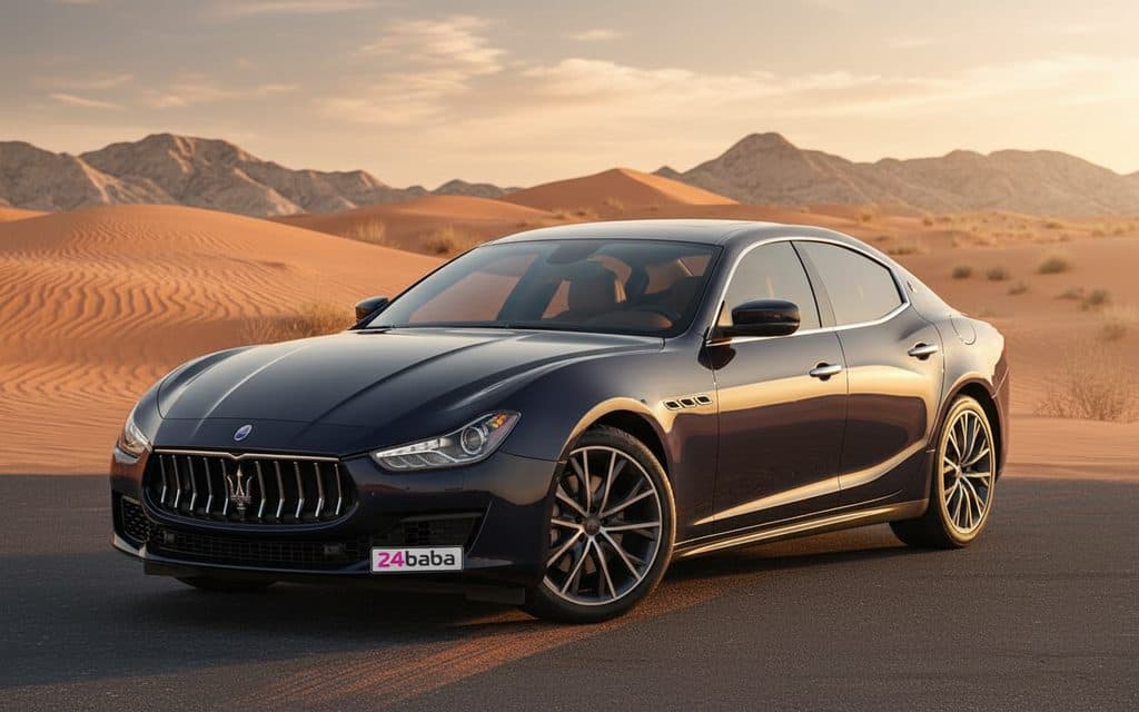 Maserati Ghibli 2020 Blue front view with headlights – rental in Dubai Maserati Ghibli 2020 Blue front view with headlights – rental in Dubai