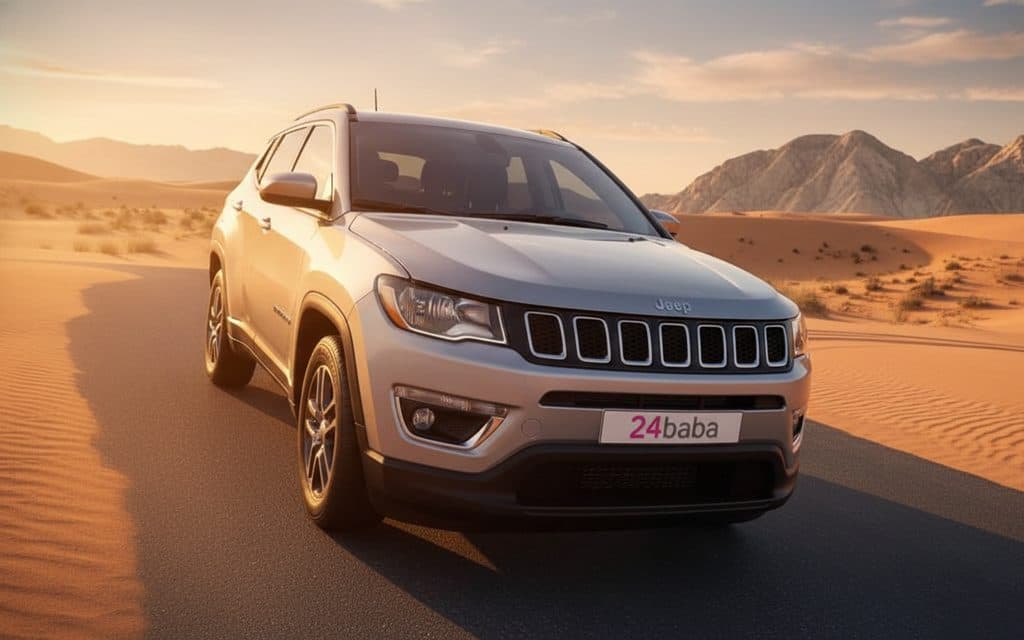 Jeep Compass 2020 Silver front view with headlights Jeep Compass 2020 Silver front view with headlights